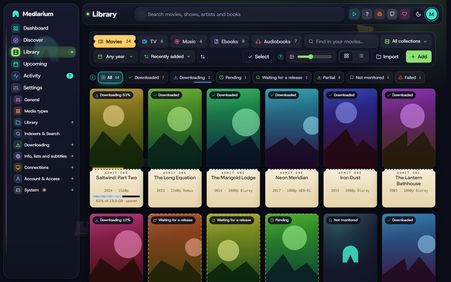 Library of movies with a status badge on each poster