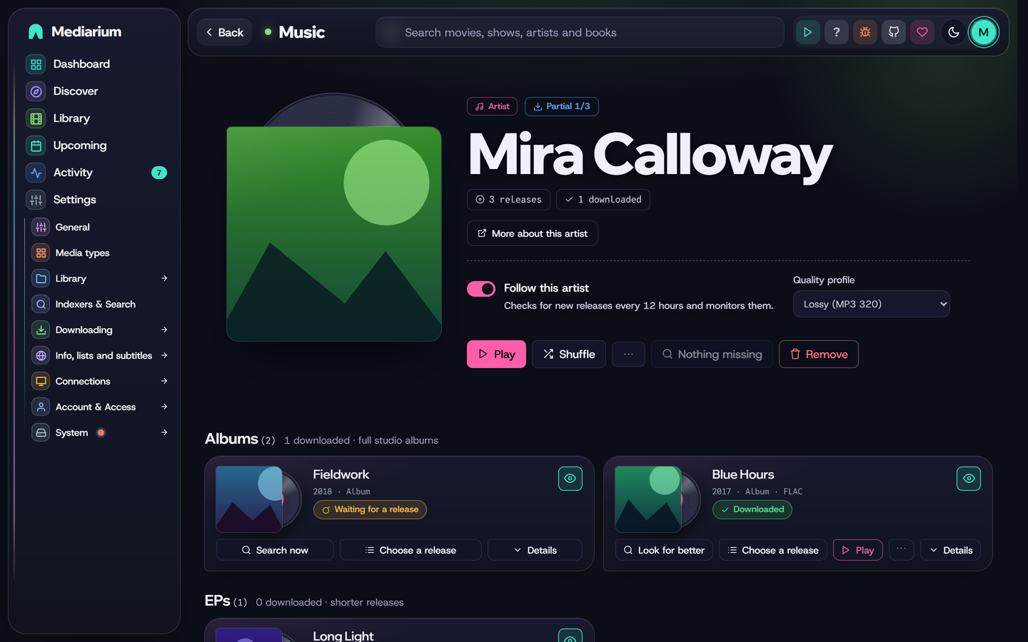 An artist page in the music library