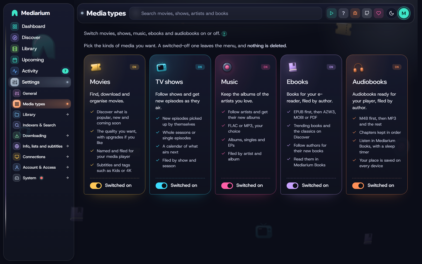 The Media types page with cards for movies, TV shows, music, audiobooks and ebooks