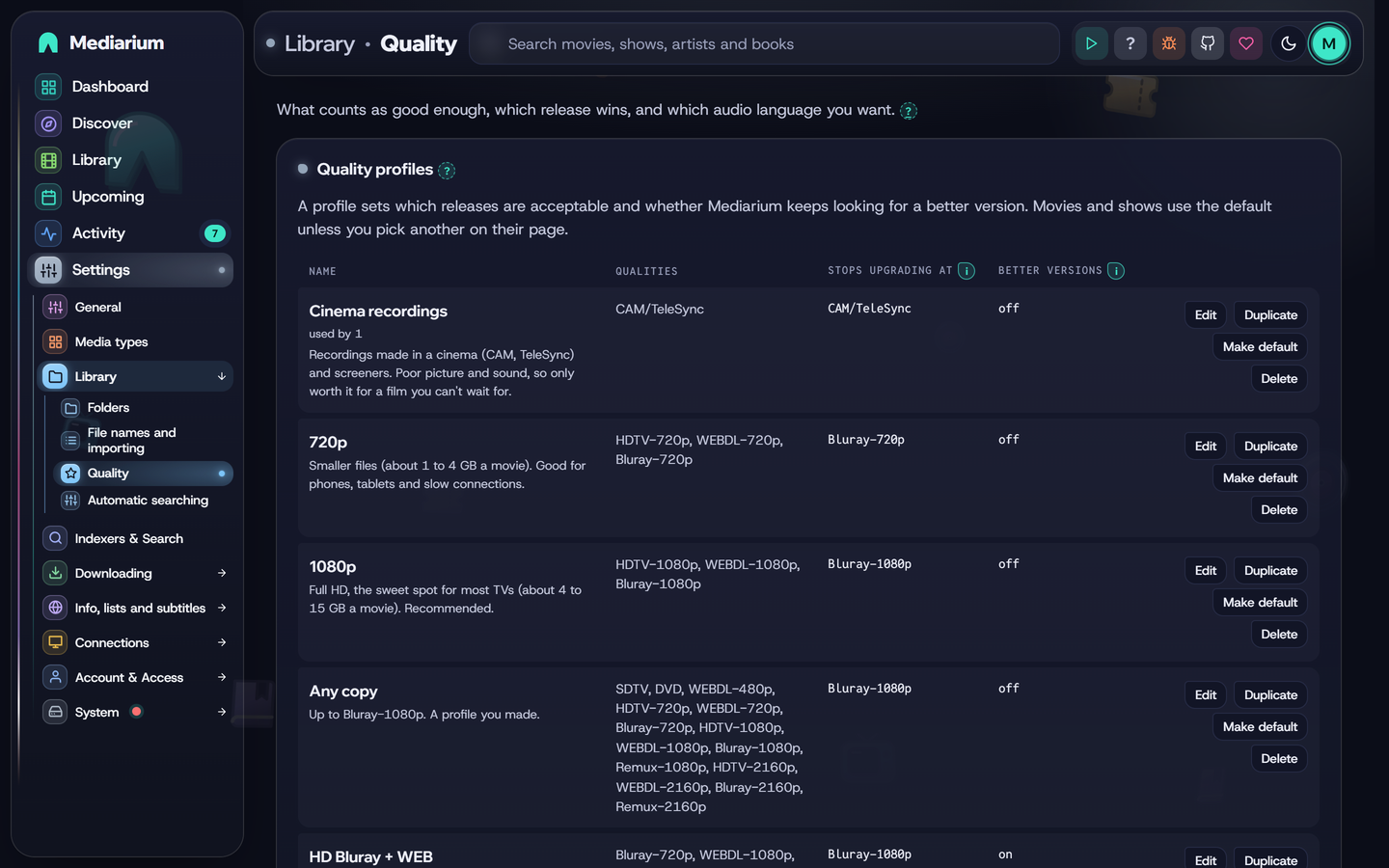 The Quality page with the quality profiles table