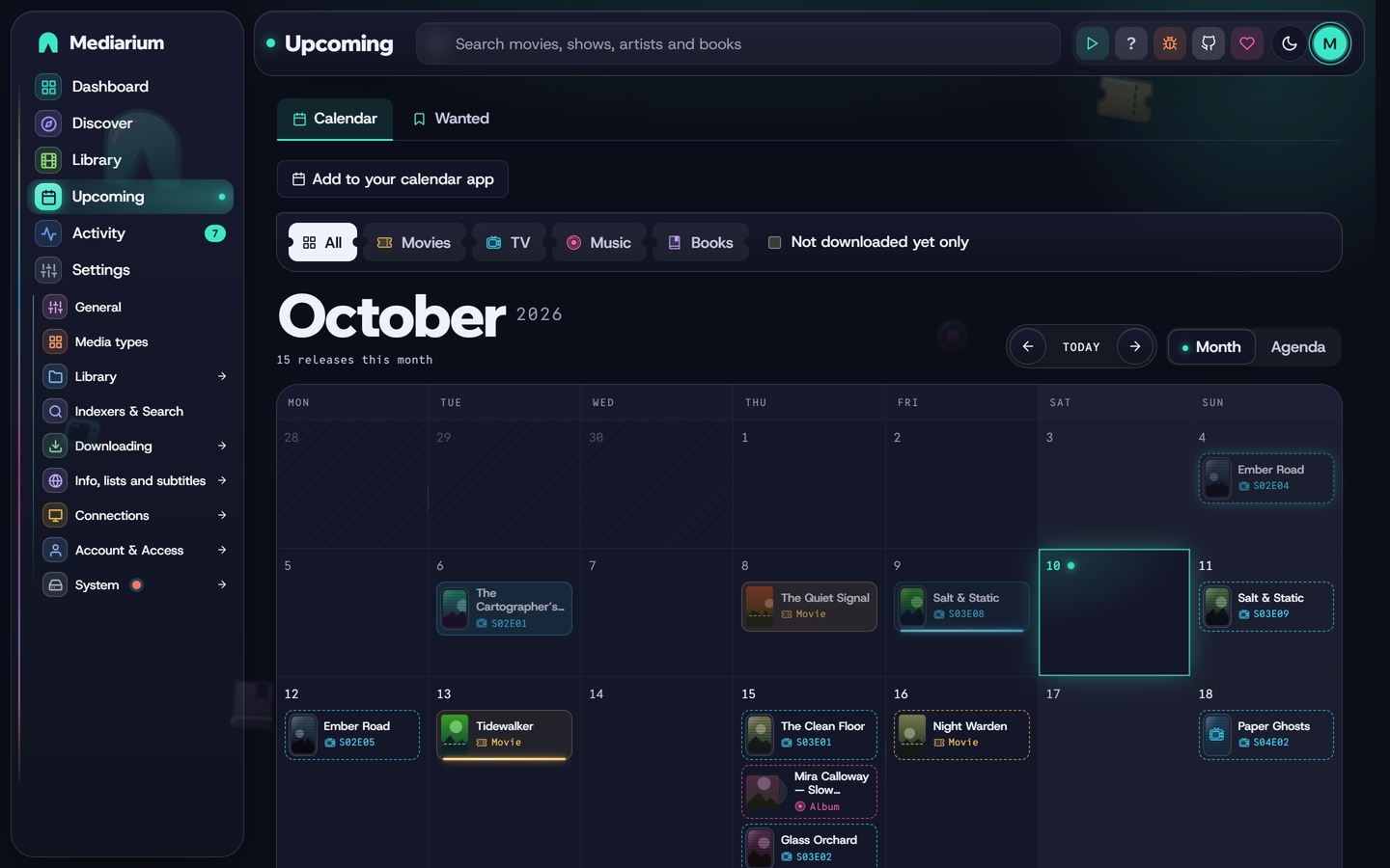Upcoming calendar for the month