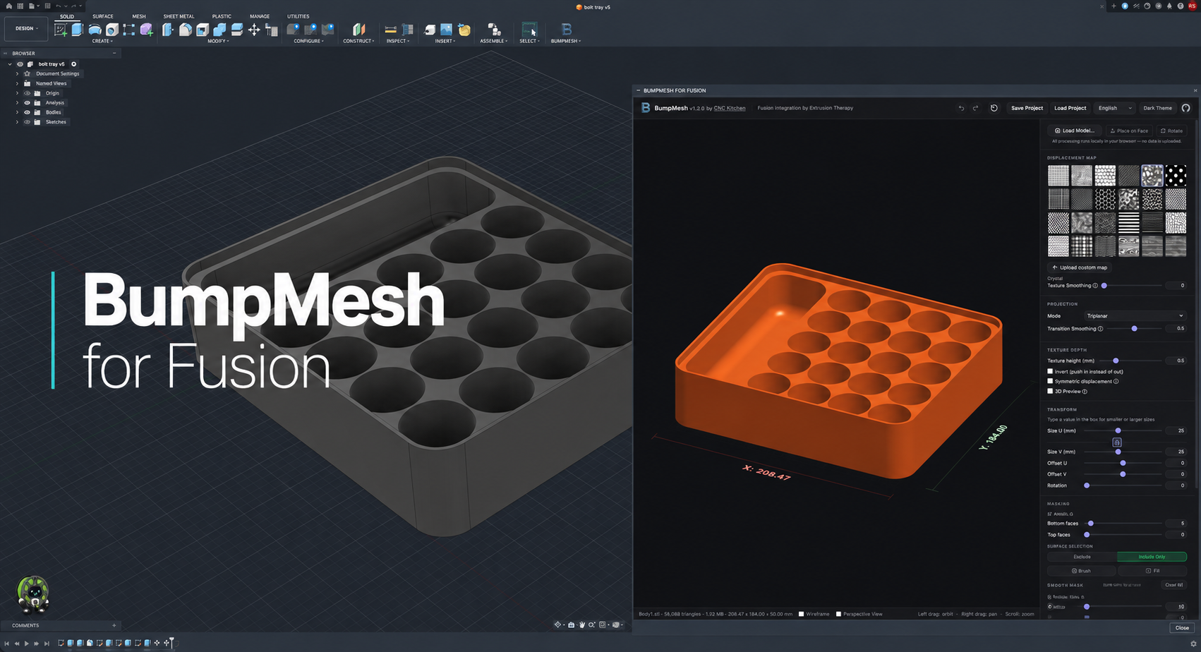 BumpMesh running inside Autodesk Fusion with a textured maker project shown in the docked integration