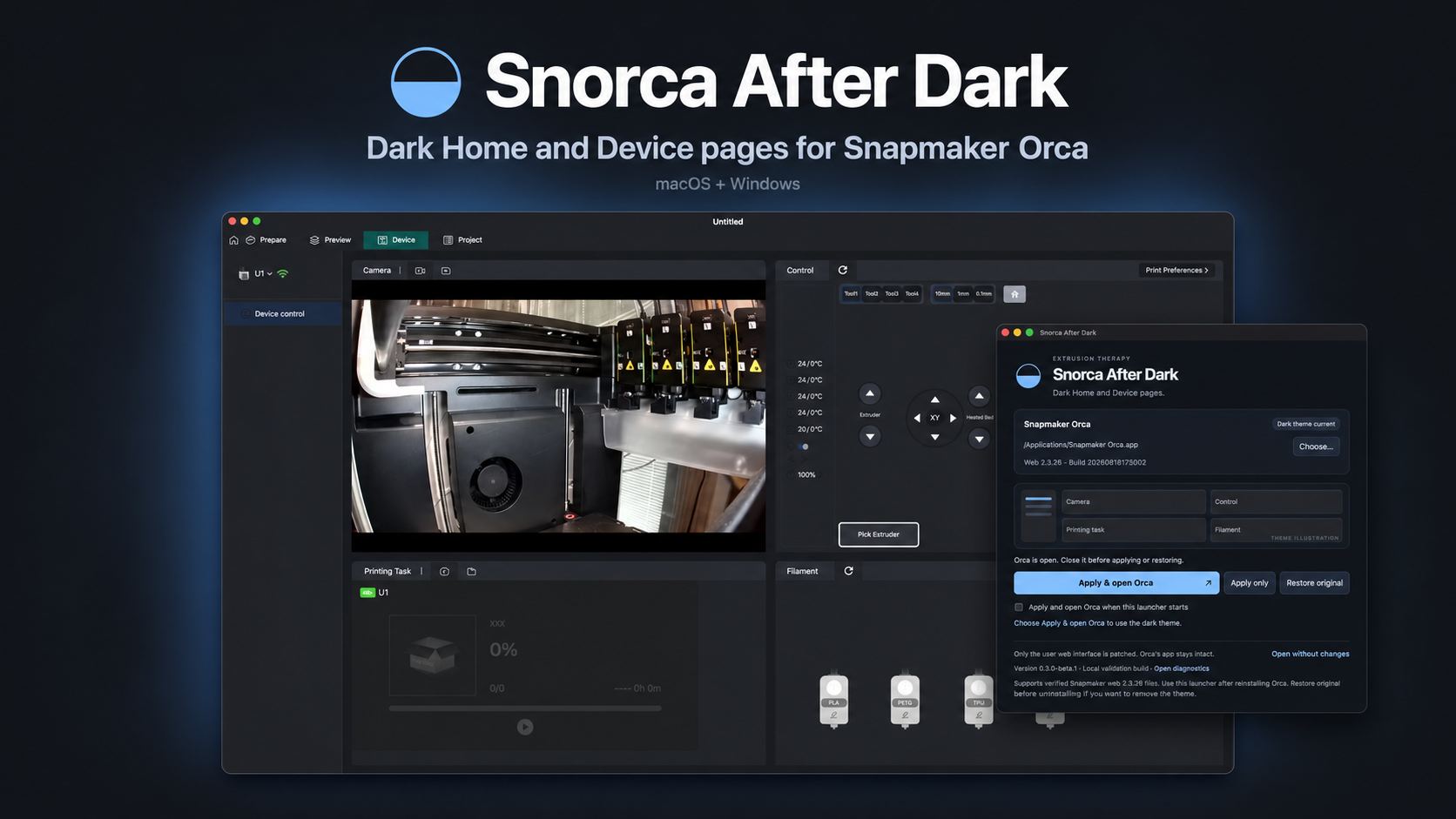 Snorca After Dark with Snapmaker Orca's dark Device page and printer camera