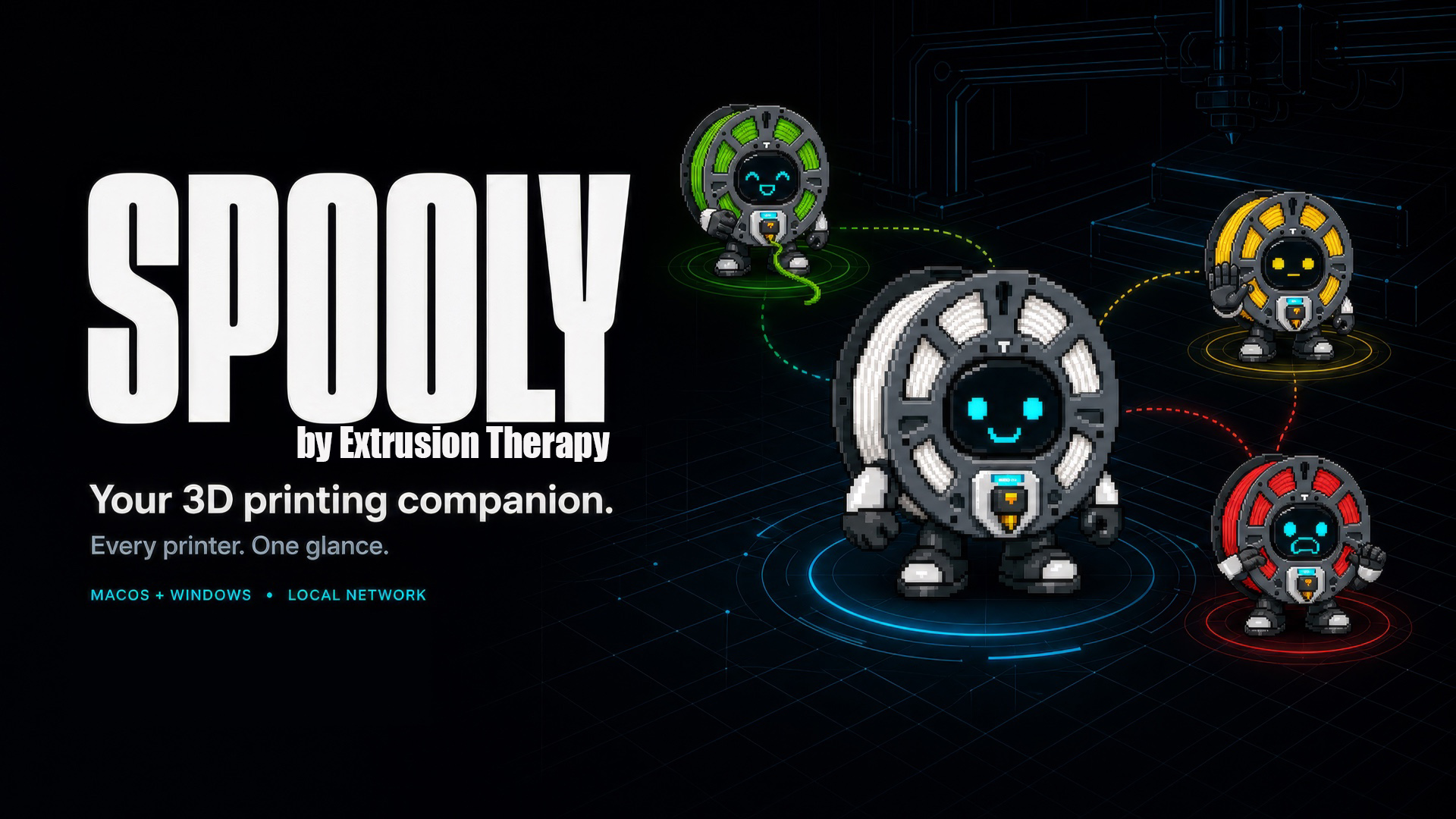 Spooly animated desktop printer companion monitoring multiple Bambu Lab and Klipper Moonraker 3D printers
