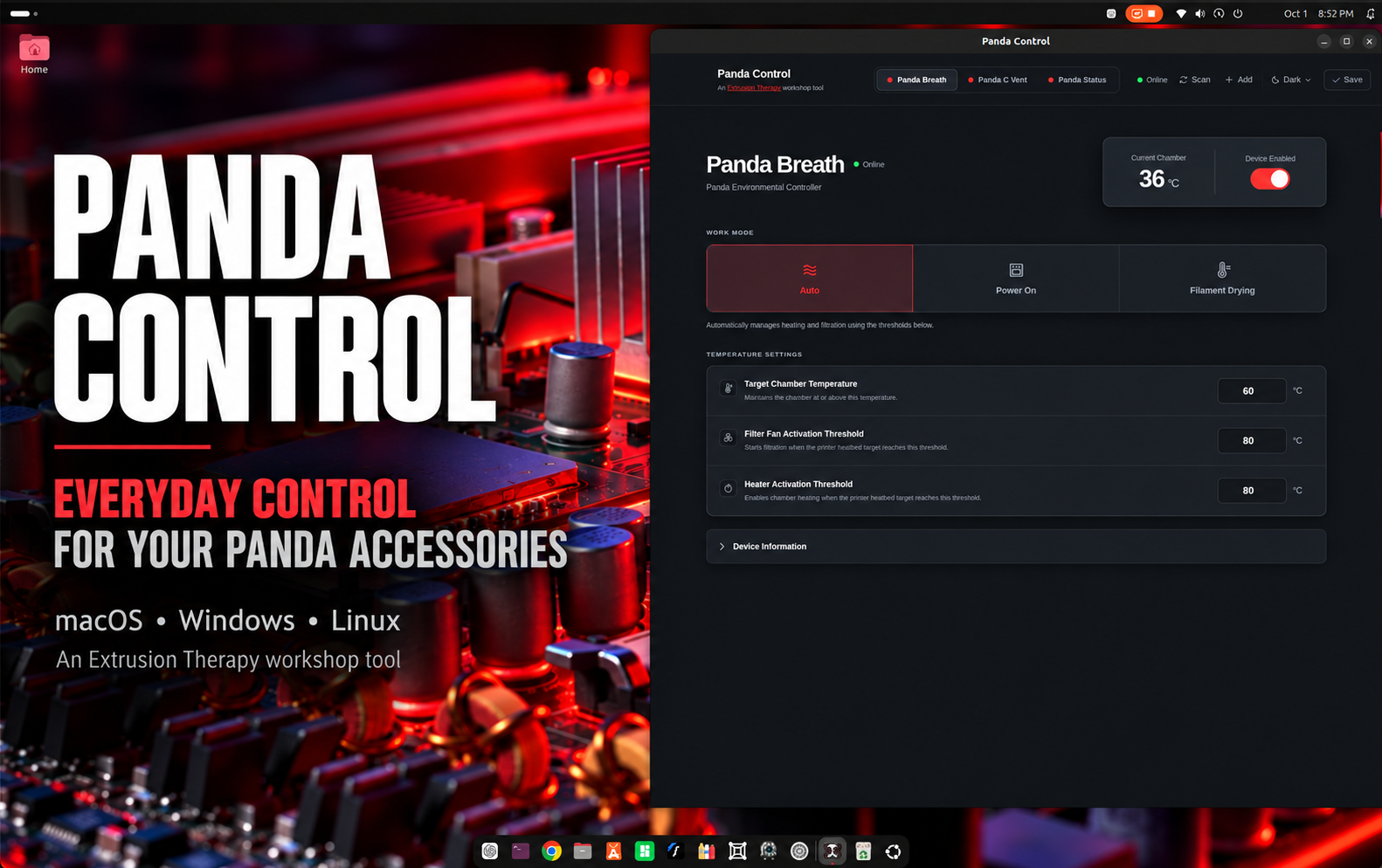 Panda Control desktop application managing Panda Status, Panda Breath, and Panda Vent accessories