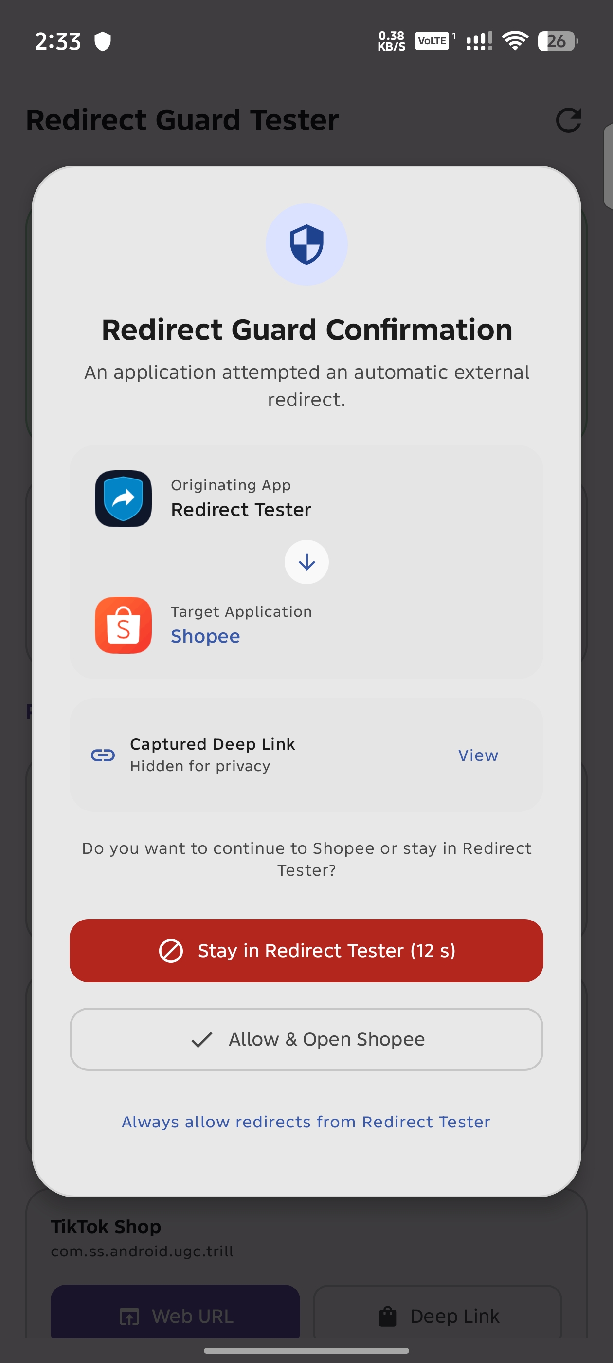 Redirect Guard Alert Prompt