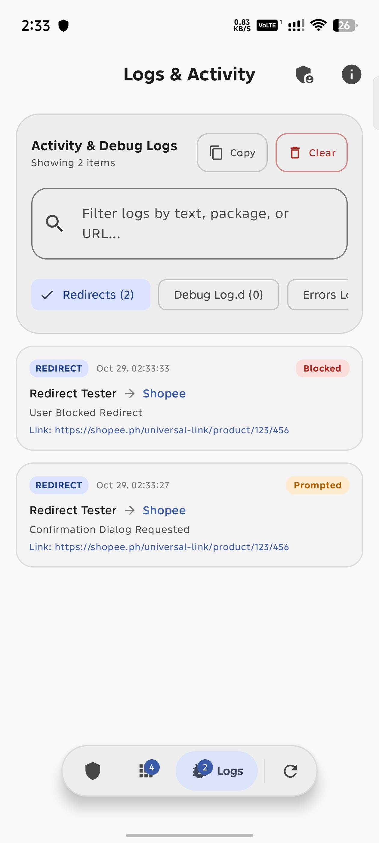 Redirect Guard Logs and Activity