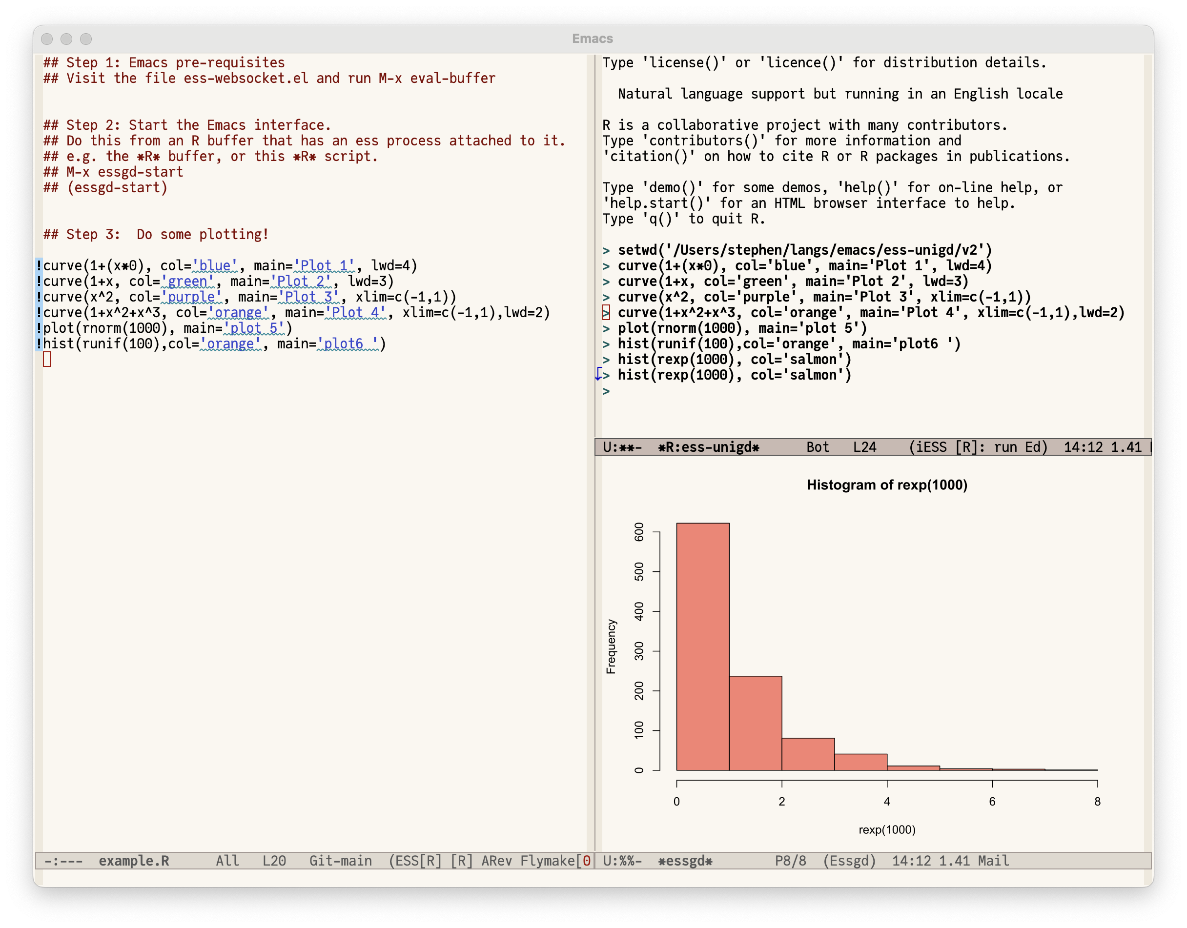 Screenshot of essgd in Emacs