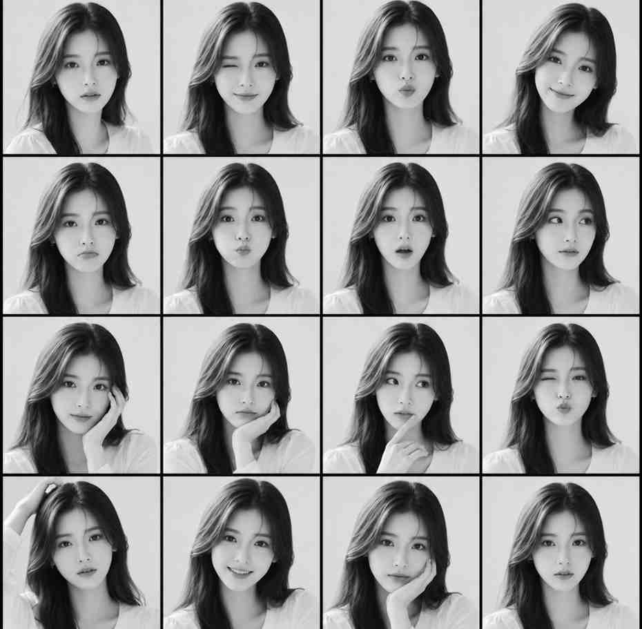 Black & White Expression Grid | 4×4 Photobooth Portrait Sheet