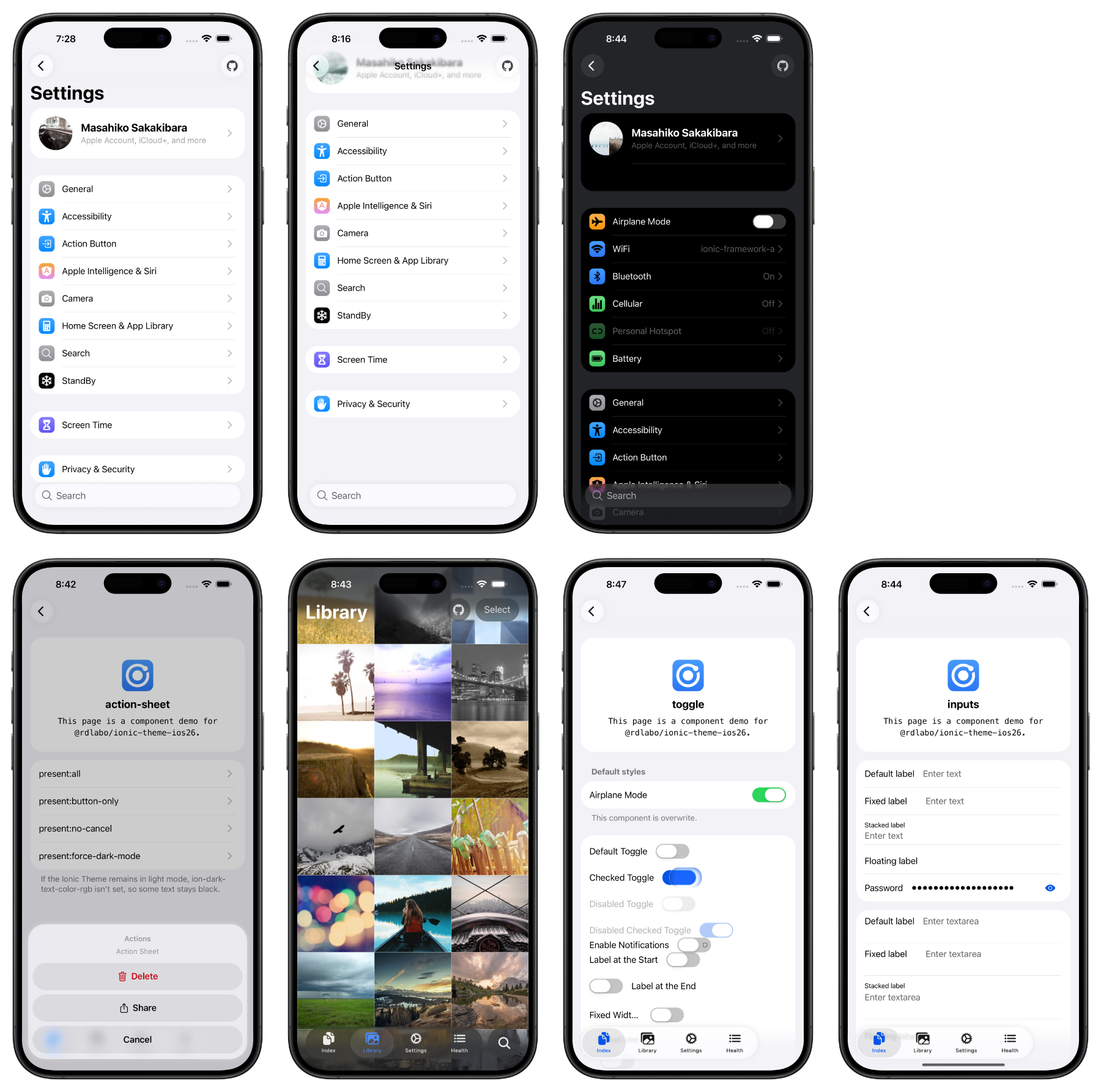 iOS 26 themed Ionic screens with Liquid Glass tab bar, lists, and controls