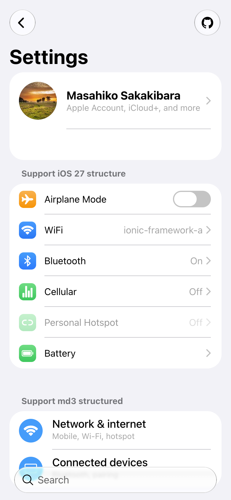 iOS 27 theme: Settings in light mode with a Liquid Glass search bar