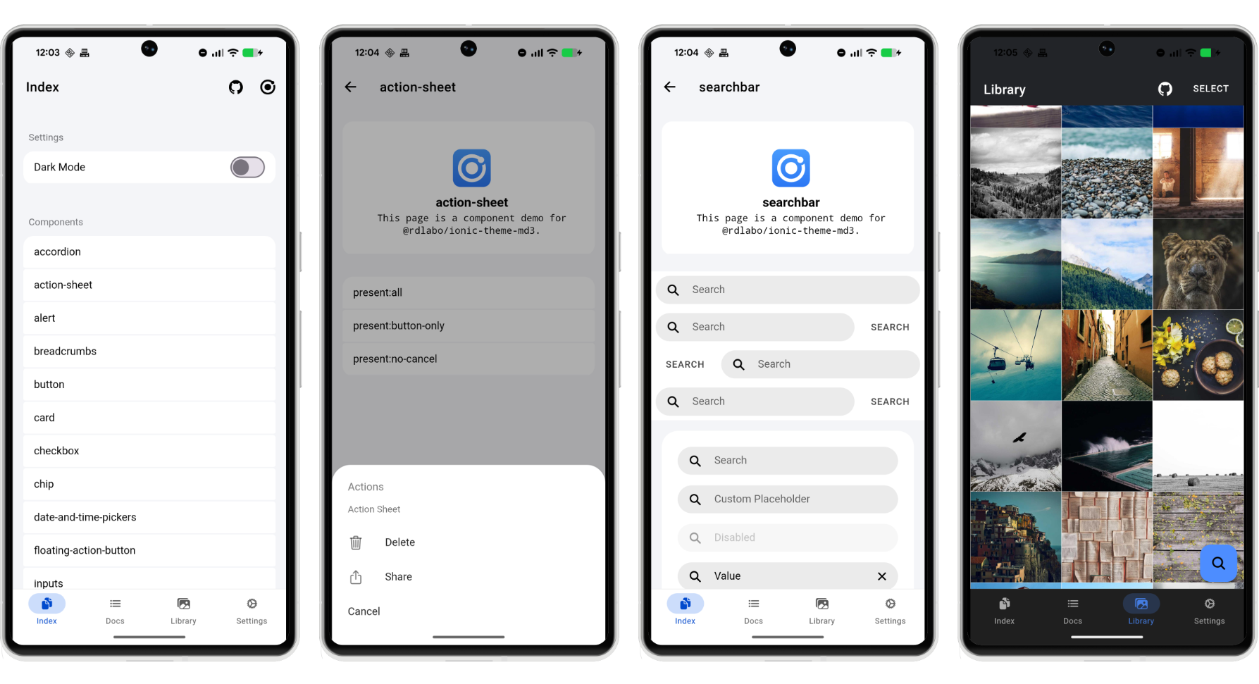 Material Design 3 themed Ionic screens with updated components and navigation