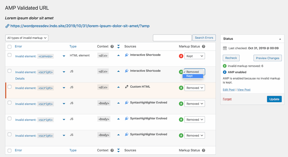 Each Validated URL shows the list of validation errors encountered, giving control over whether invalid markup is removed or kept.