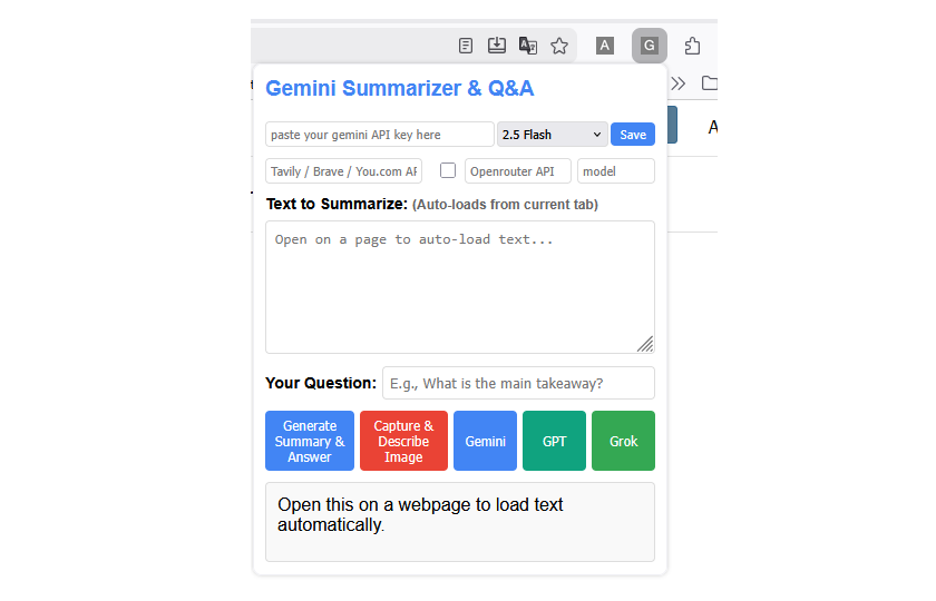 Gemini Summarizer extension UI