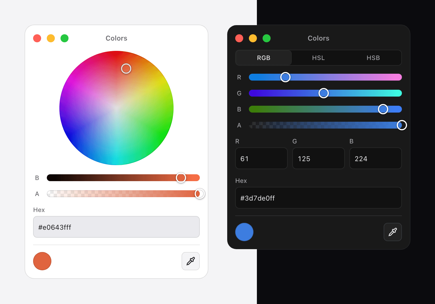 The chroma-panel color picker in light and dark themes