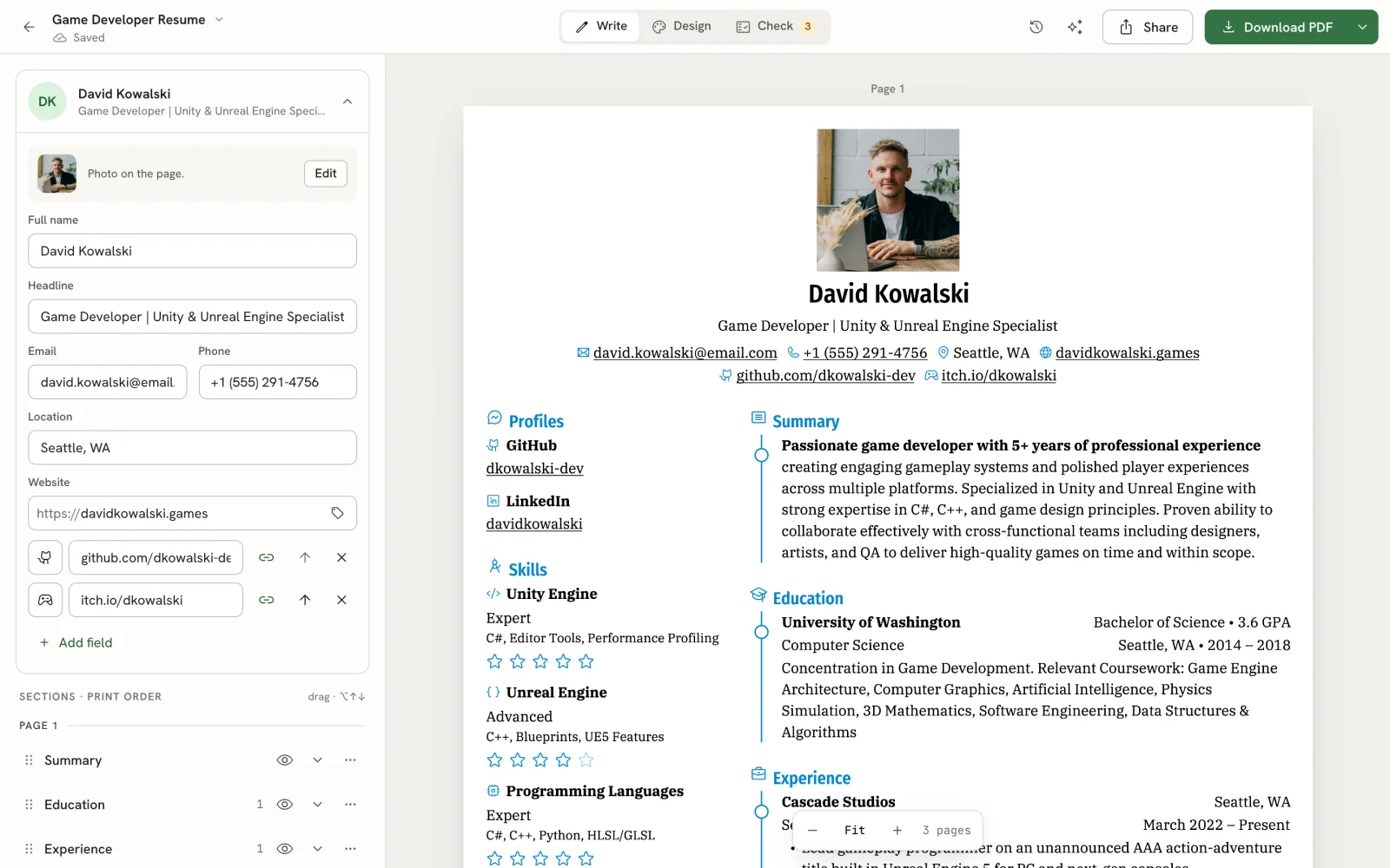Reactive Resume v6 editor with Write, Design, and Check modes and a live PDF preview