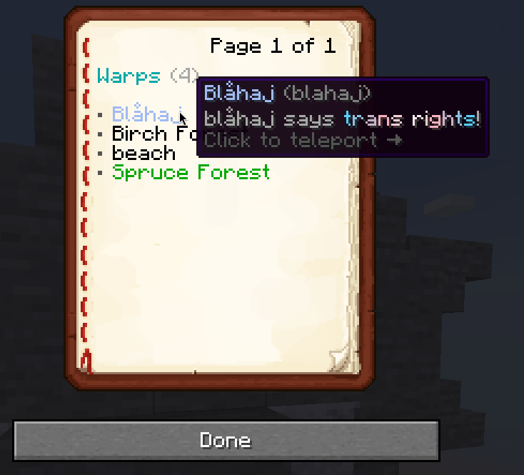 A preview of the warp menu opened with /warps