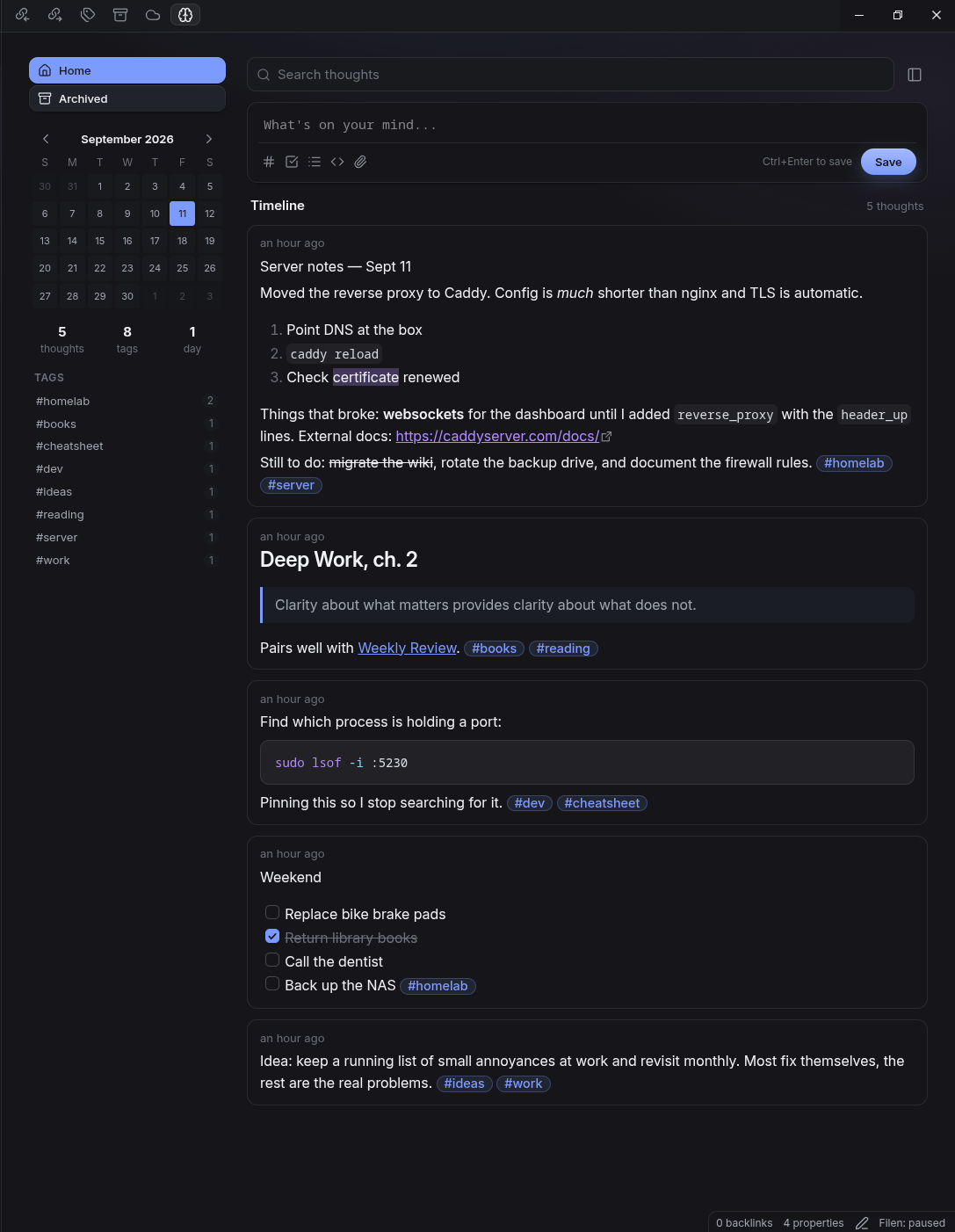 Thoughtbin on desktop: composer, timeline and calendar sidebar