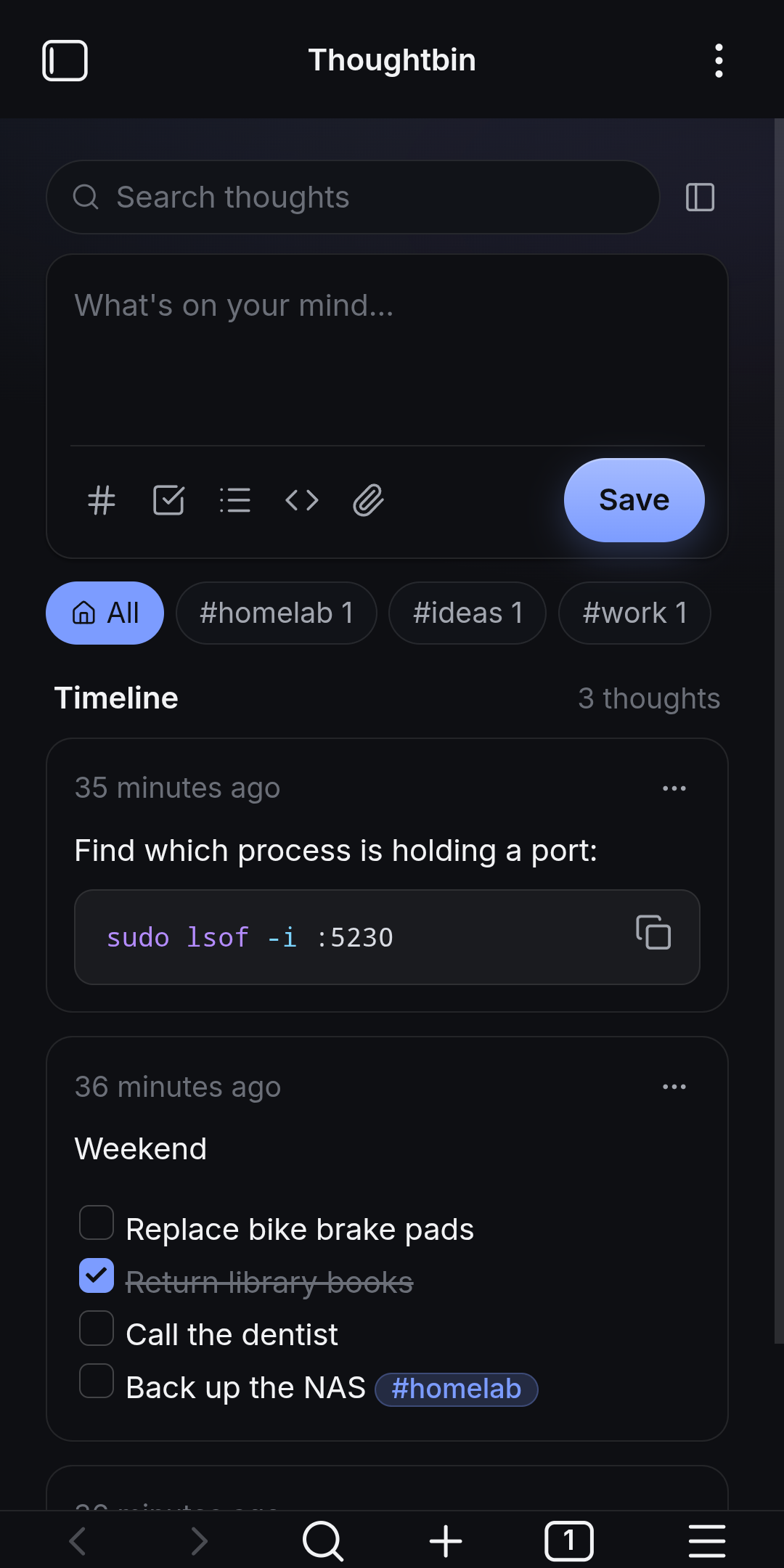 Thoughtbin on a phone with the tag strip