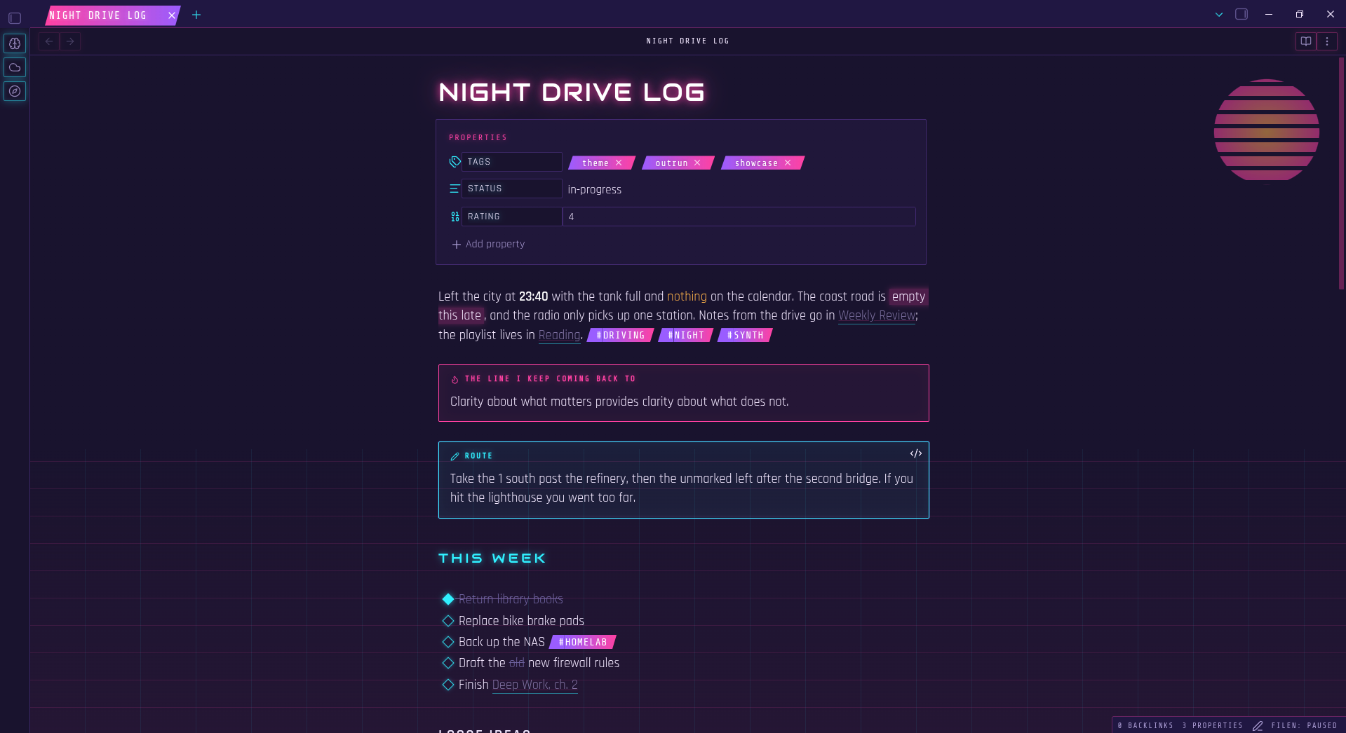 A note in Outrun at night