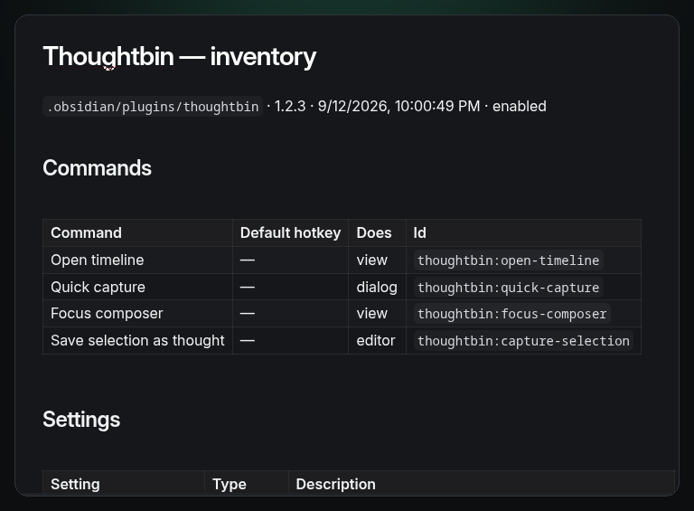 An inventory note: Thoughtbin's commands with what each one does, then its settings