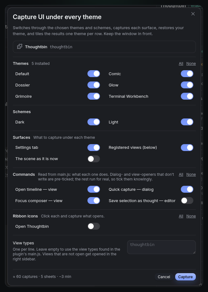 The capture dialog: themes, schemes, surfaces, and the plugin's commands with what each one does