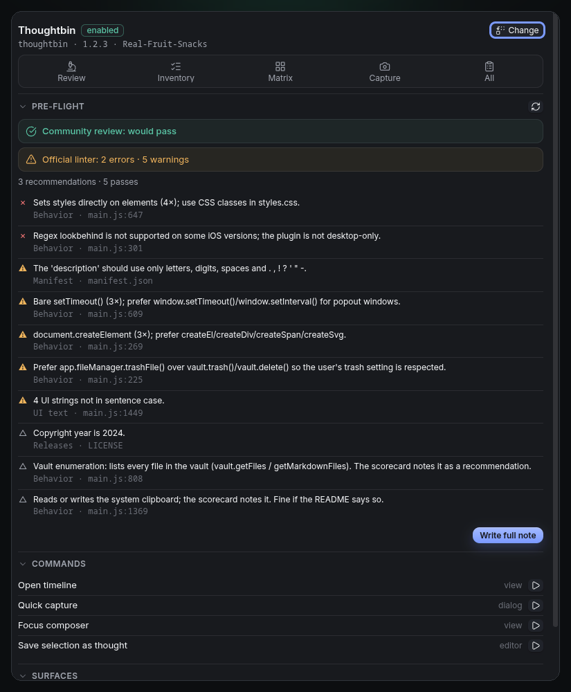 The panel's live pre-flight: community review would pass, linter 2 errors · 5 warnings, then the findings