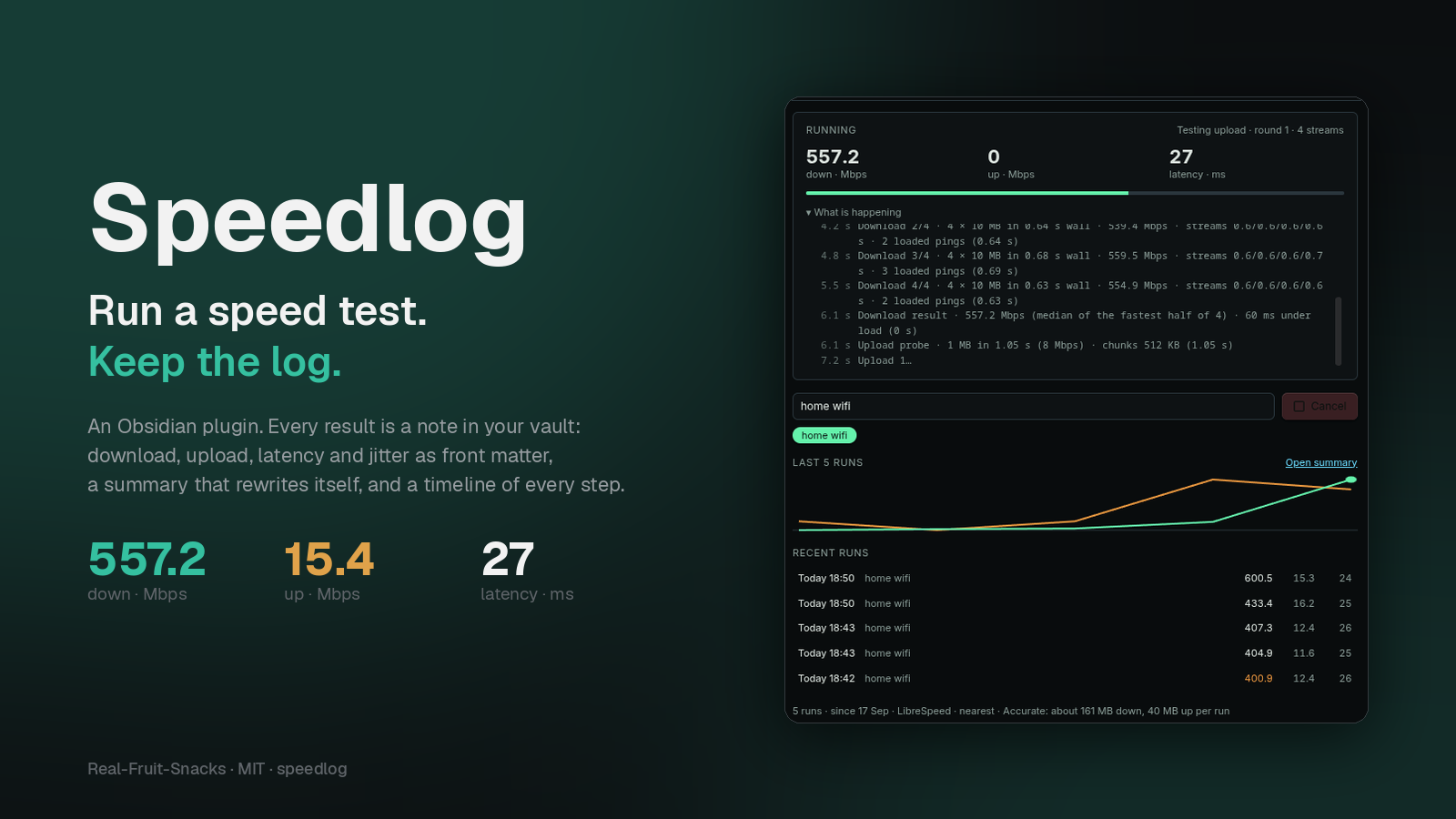 Speedlog — run a speed test, keep the log. An Obsidian plugin.