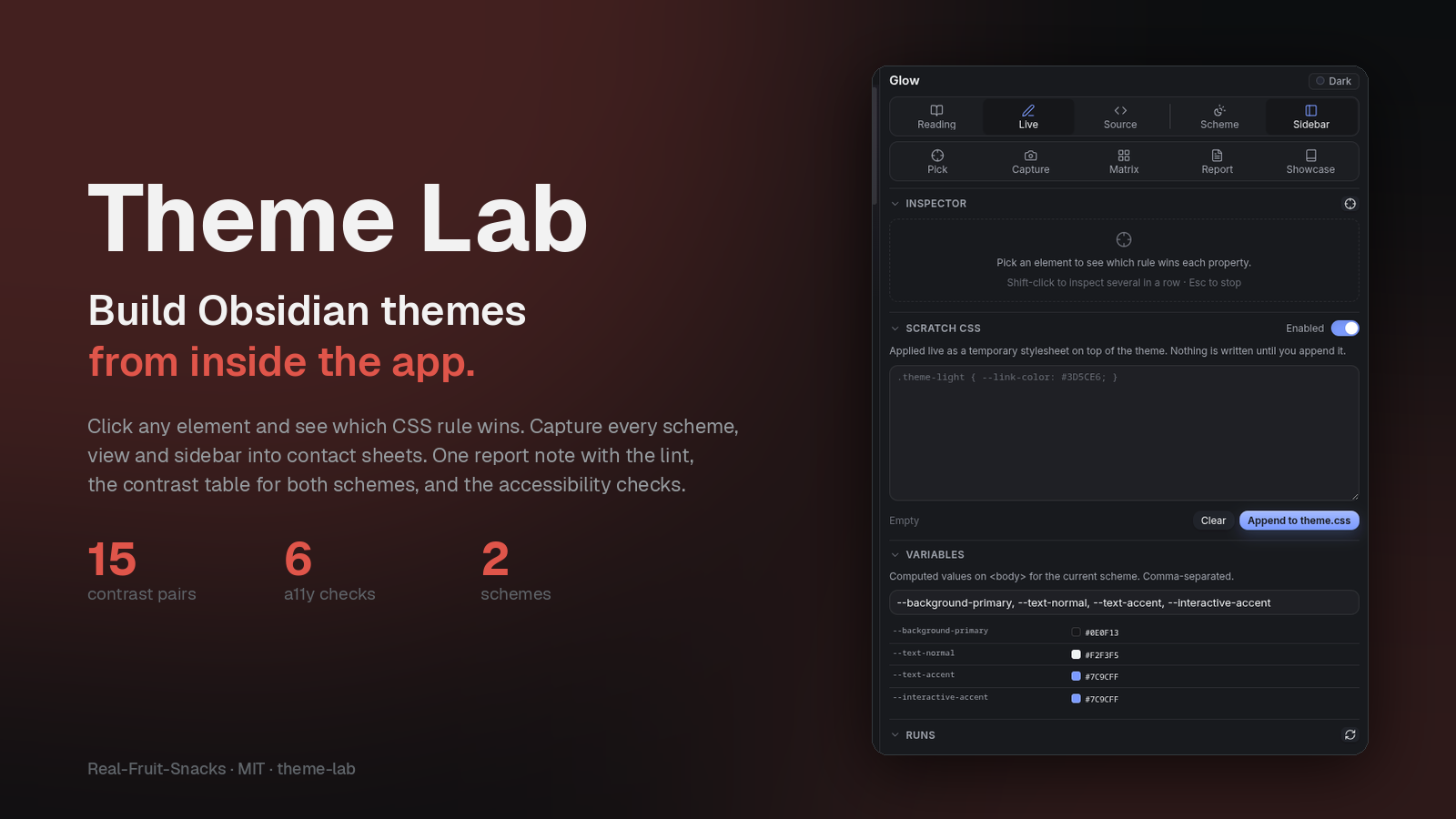 Theme Lab — build Obsidian themes from inside the app.