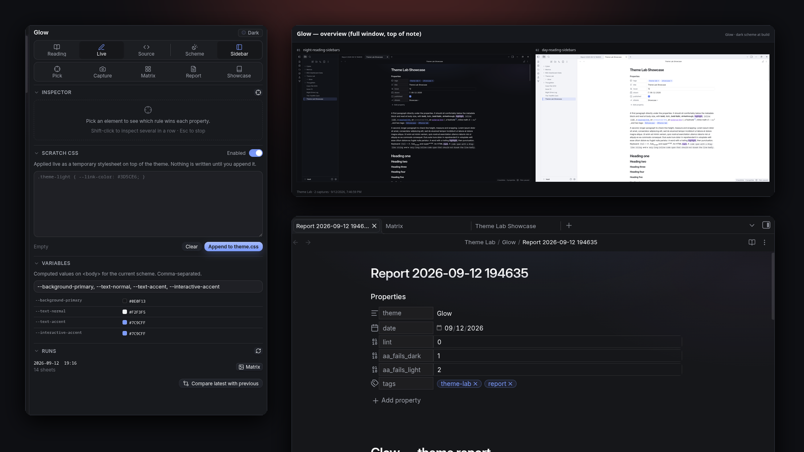 Theme Lab: the panel with an inspected callout, a contact sheet and a theme report