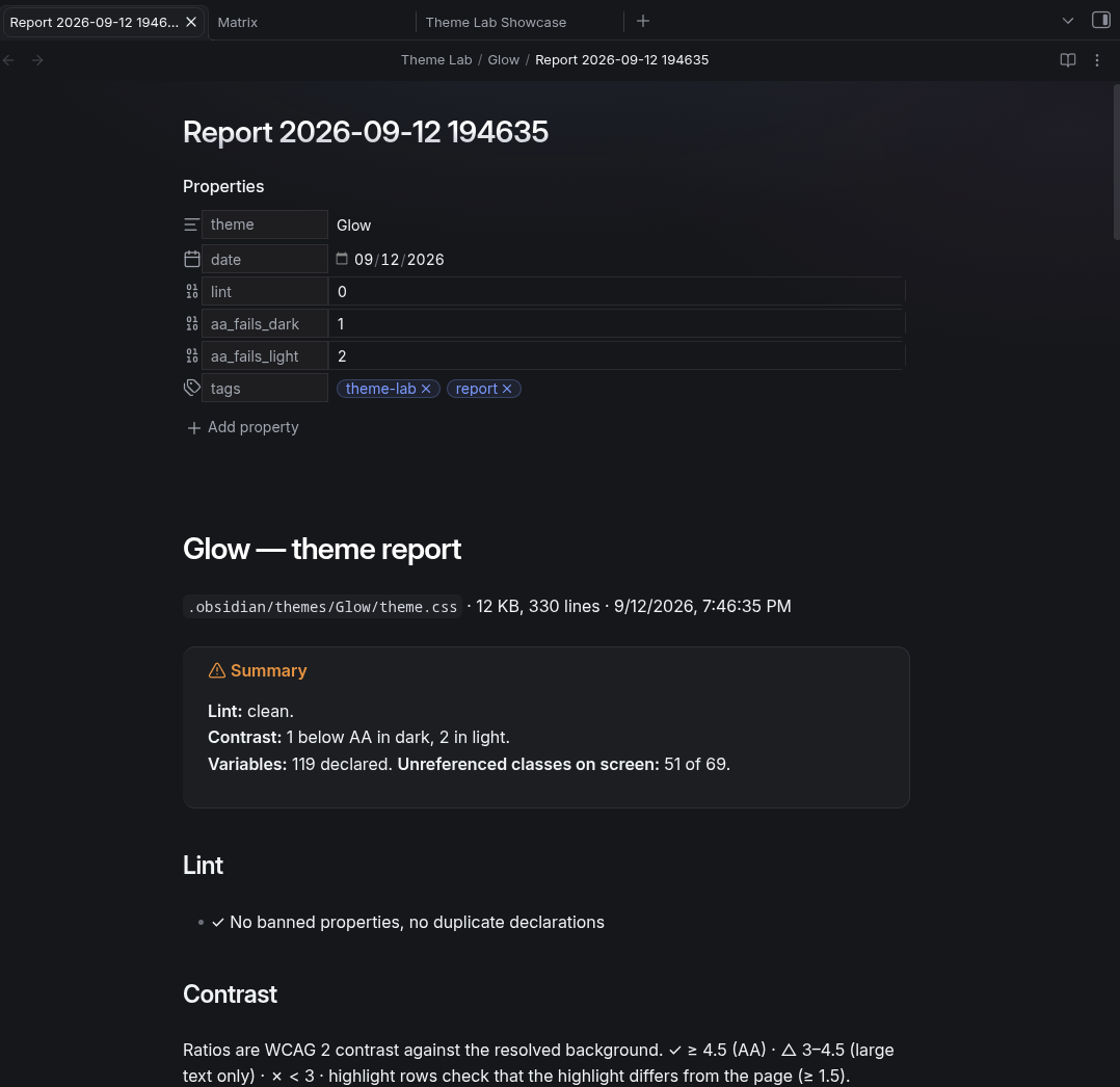 A theme report: summary callout, lint, and the side-by-side contrast table