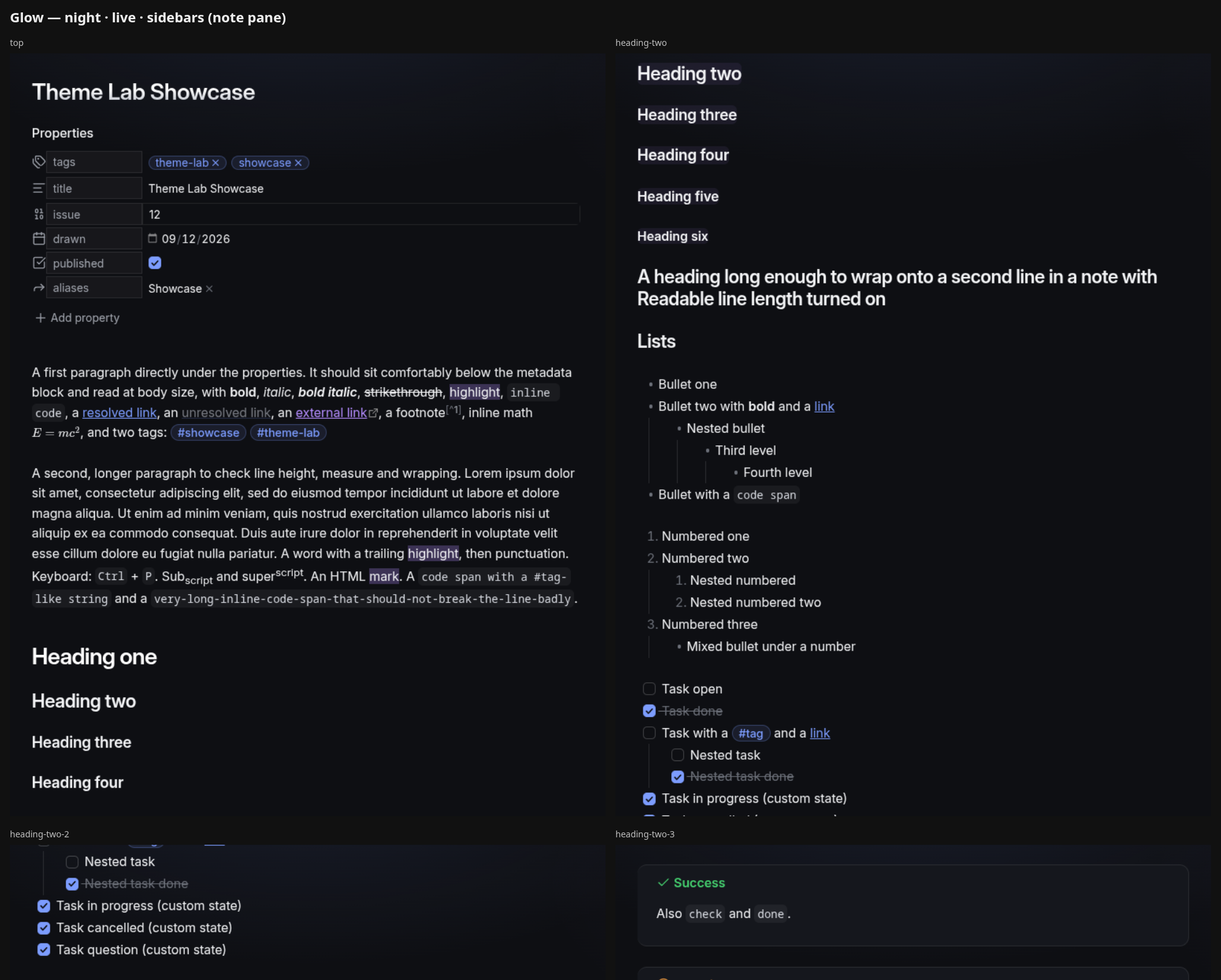 A contact sheet: dark scheme, Live Preview, sidebars open, every section of the showcase note