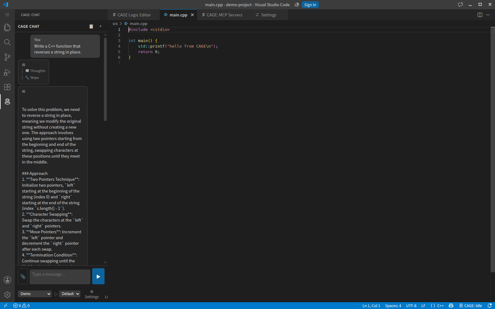 The CAGE chat panel in VSCode