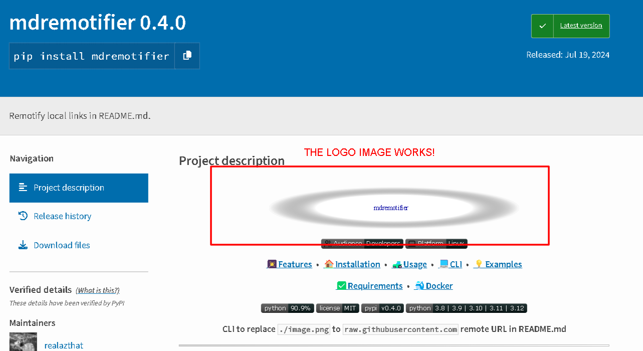 Example result on pypi