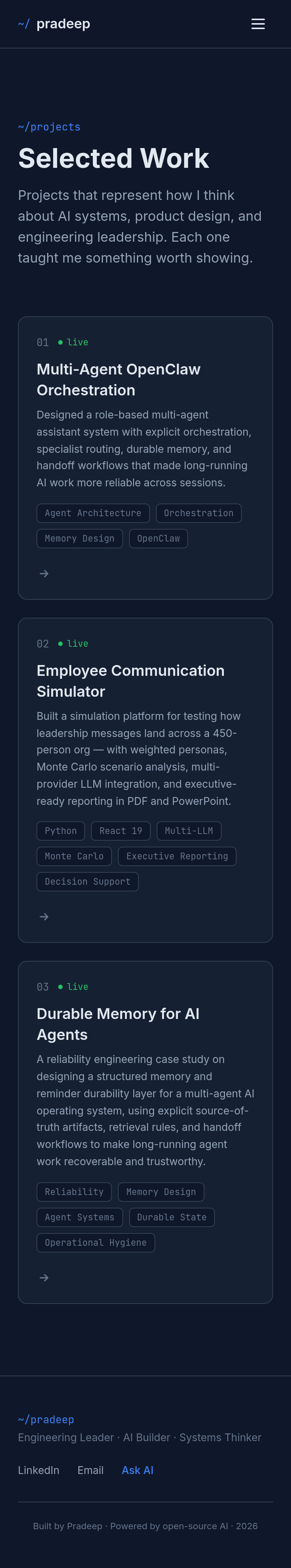 Mobile screenshot of realgradientdescent.tech projects page captured by the QA agent