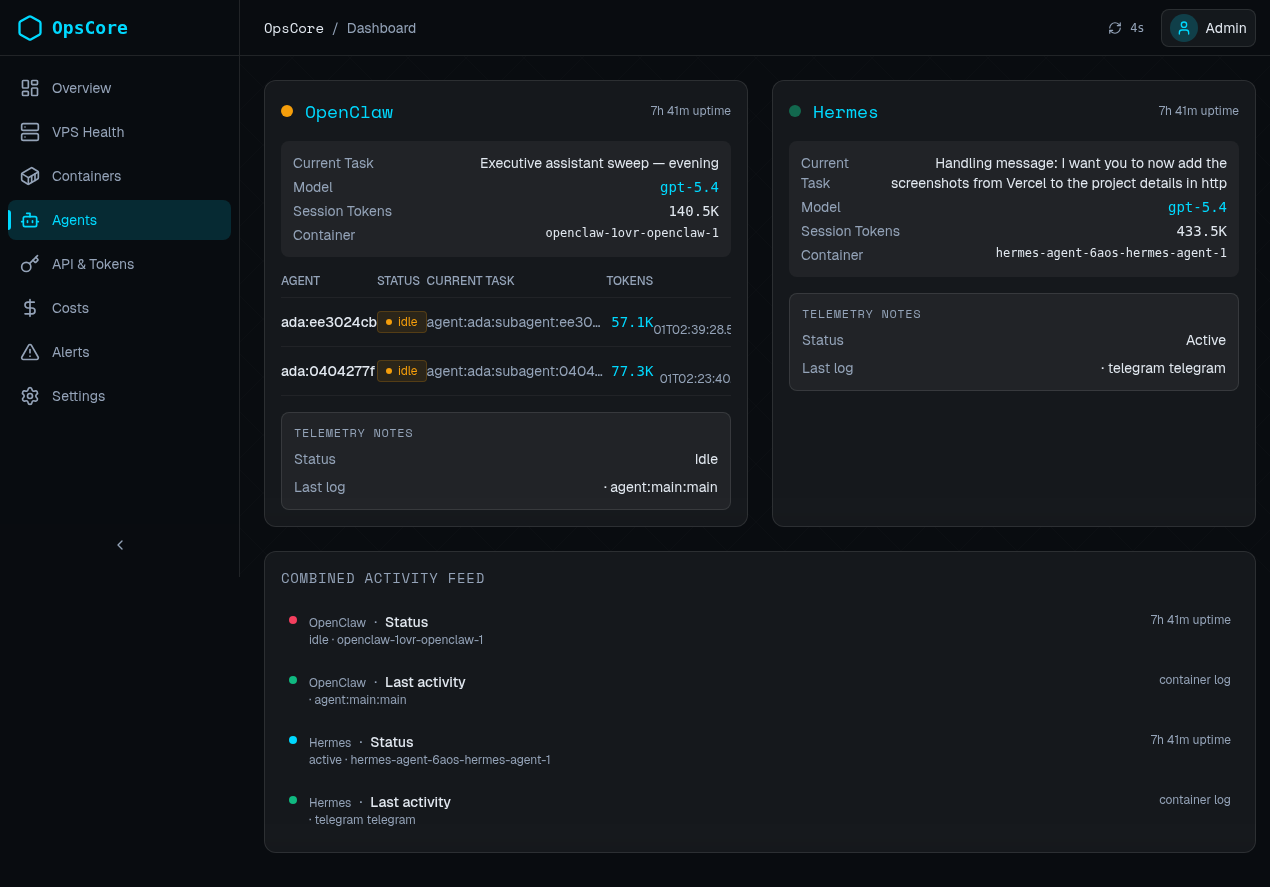 OpsCore dashboard agents view — live agent telemetry and status