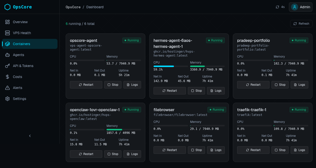 OpsCore dashboard containers view — per-container health status