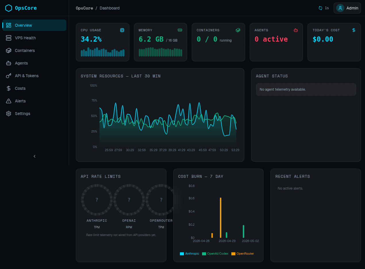 OpsCore dashboard overview — system-level CPU, memory and disk metrics
