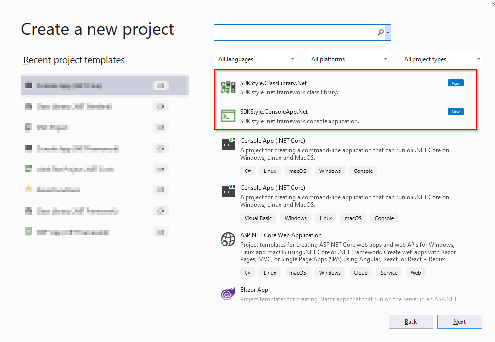 Project templates in VS dialog