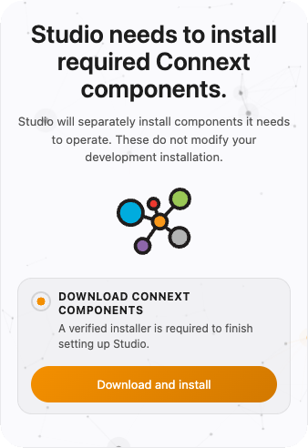 Connext Components setup with the Download and install button
