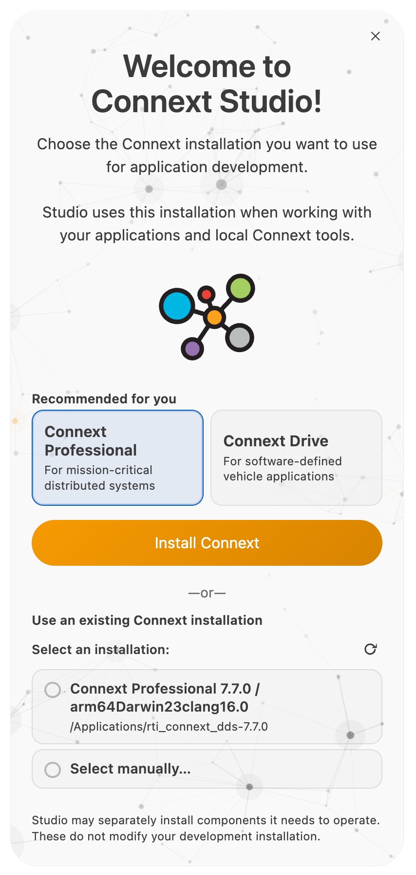 Connext Studio Welcome Screen for development installation setup