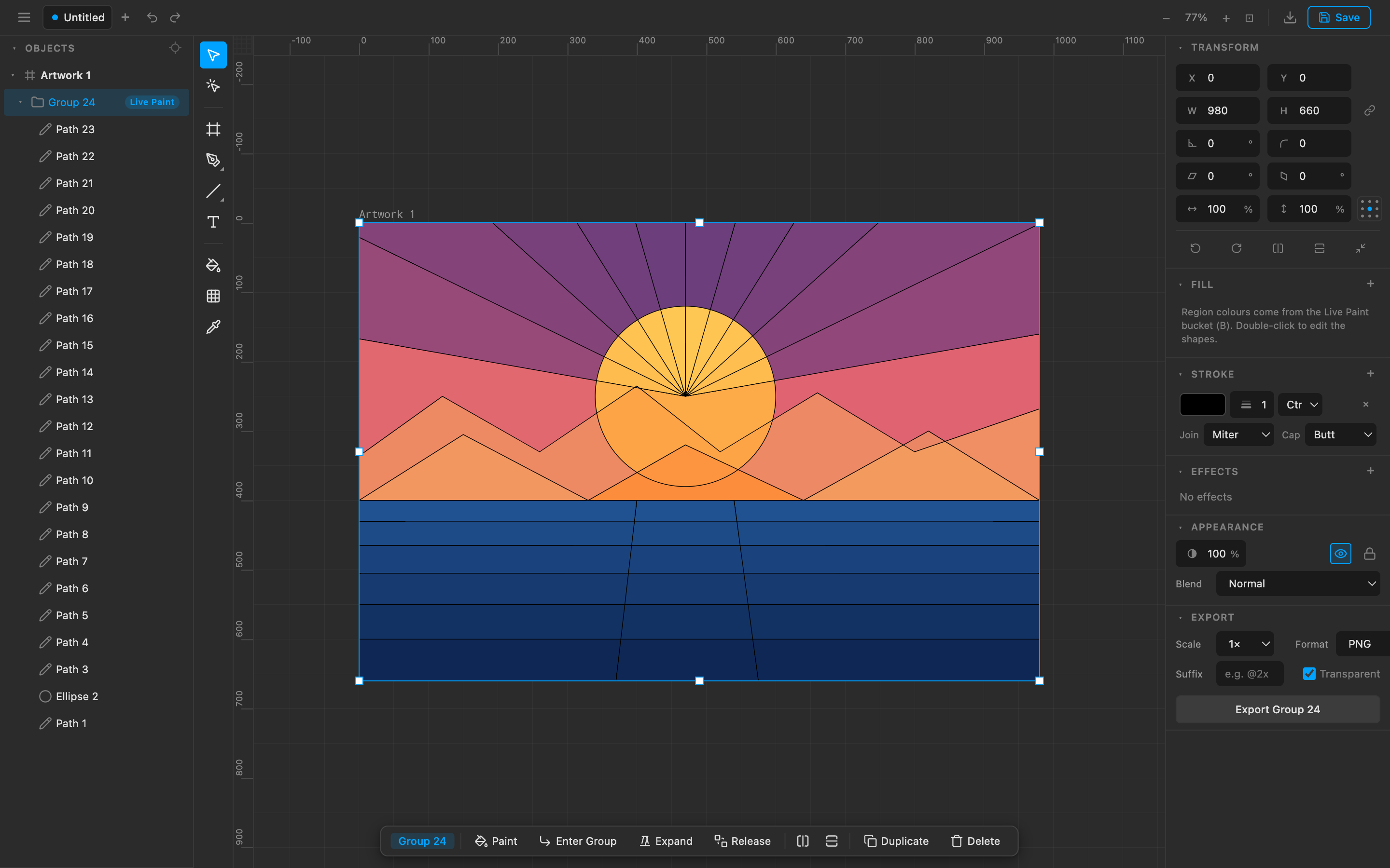 The Dadaki editor: overlapping circles and lines whose regions have been filled with the Live Paint bucket, the layer tree on the left, shape properties on the right