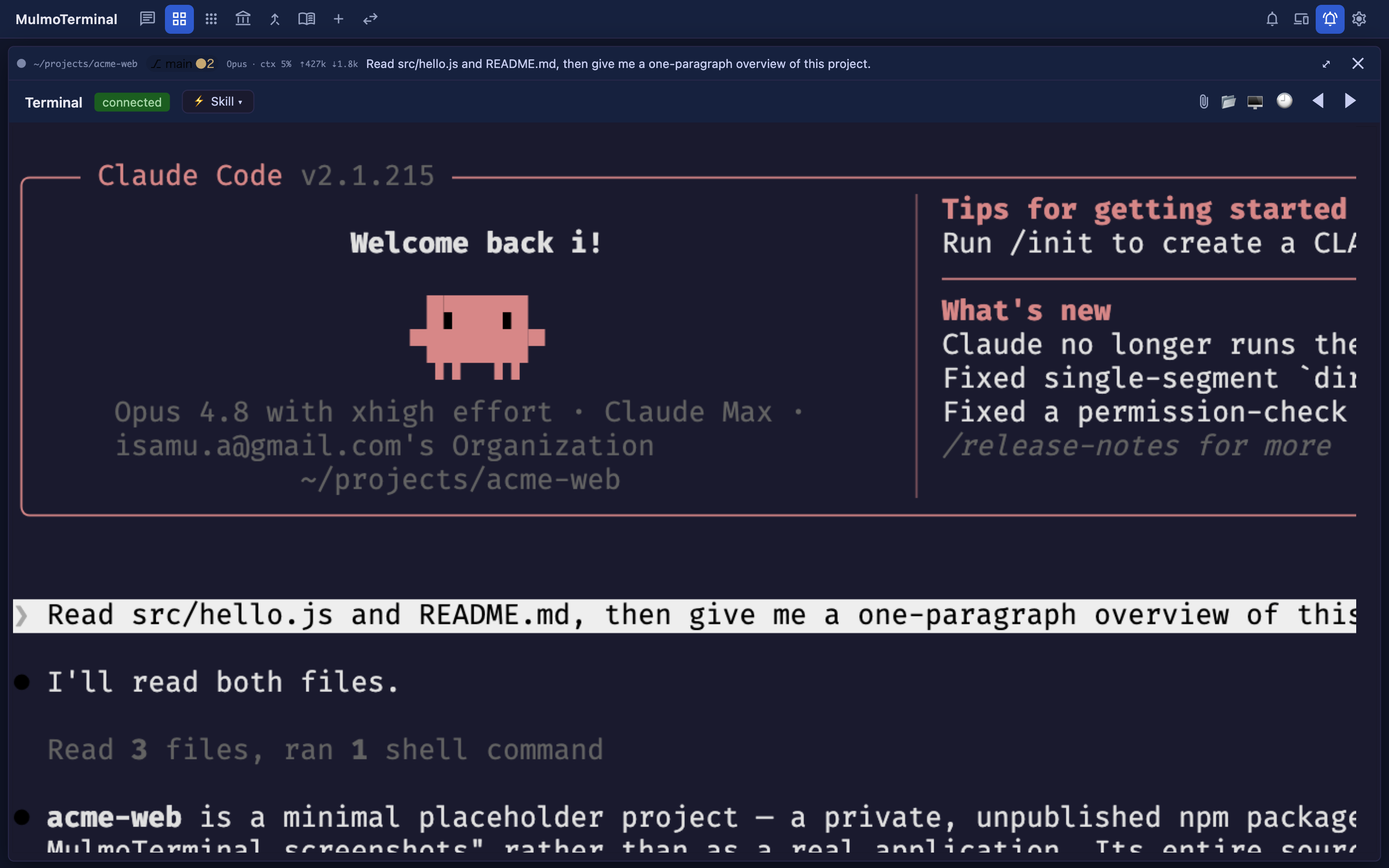 A live Claude cell — the header shows the model·context and token badges this section describes