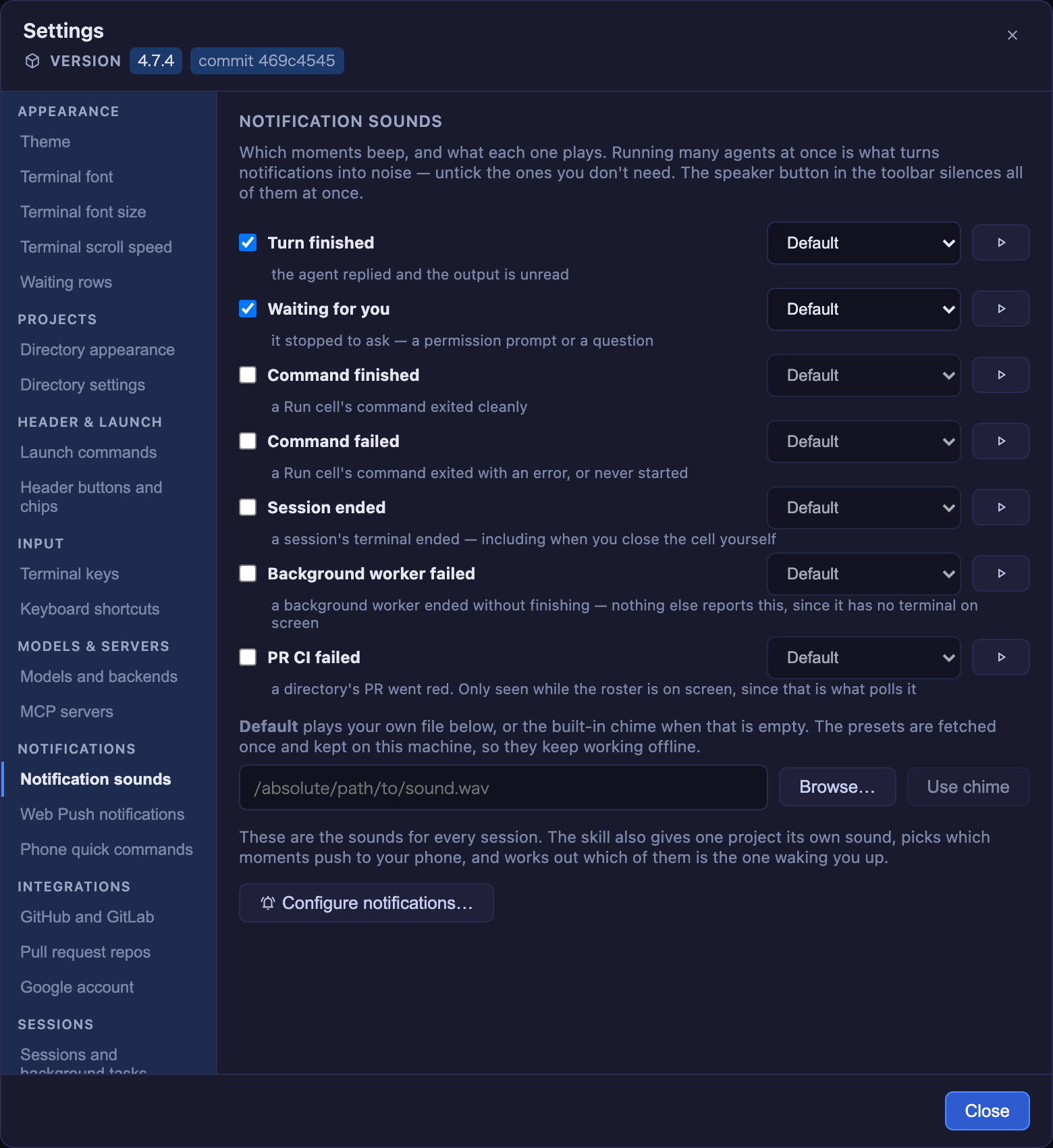 The Settings modal — a sidebar of grouped sections beside the one being edited