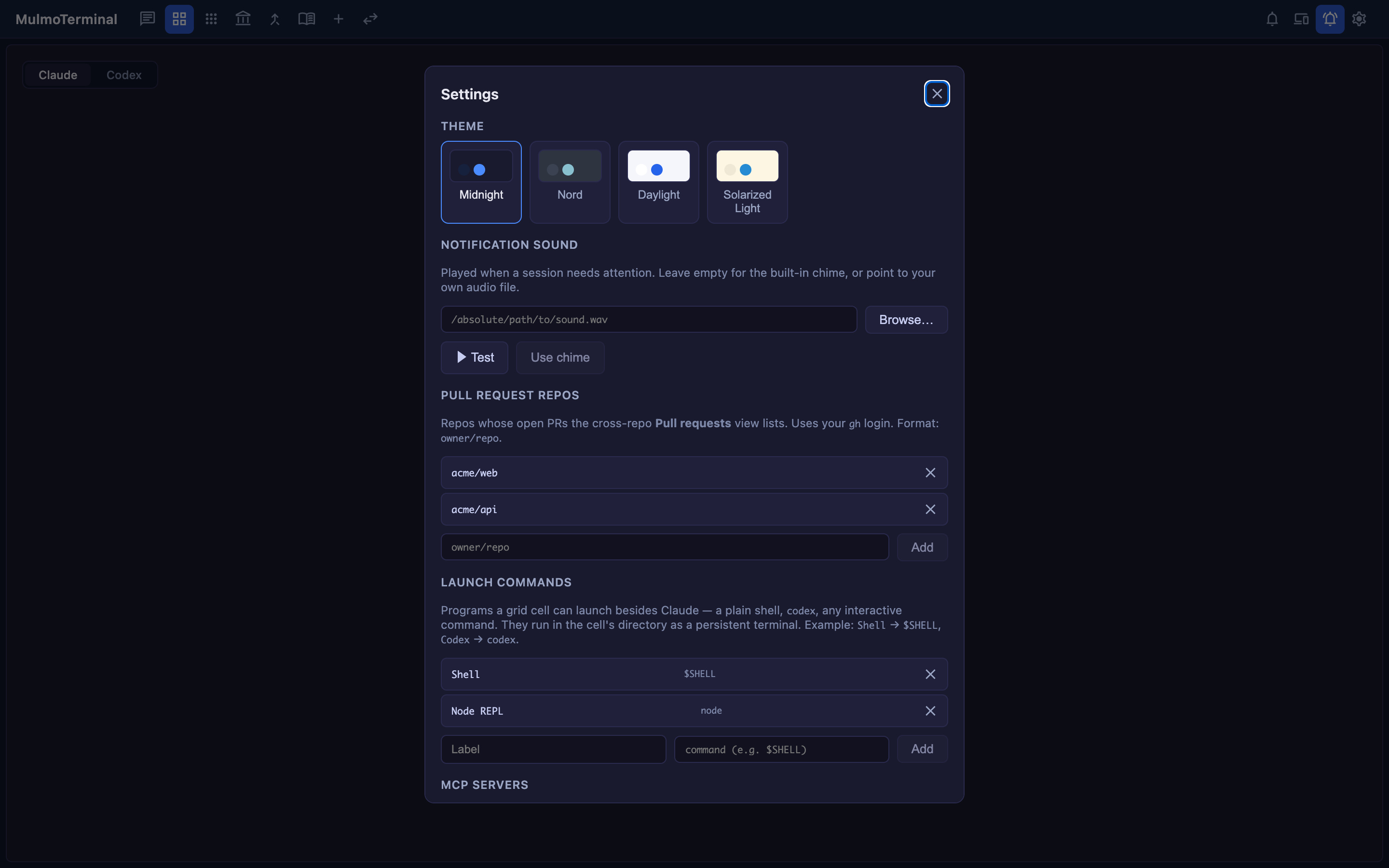 The Settings modal — theme, notification sound, PR repos, launch commands, and MCP servers