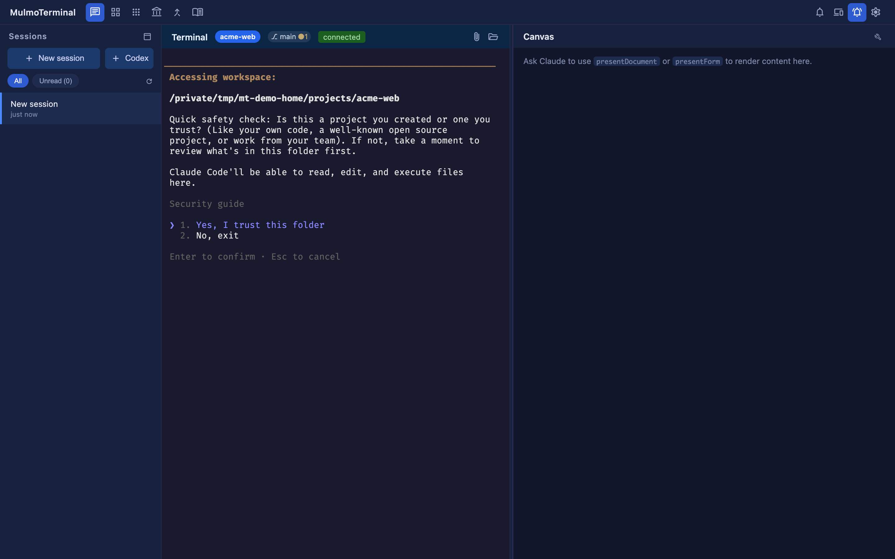 Single view — one agent in focus, terminal on the left and a GUI panel on the right
