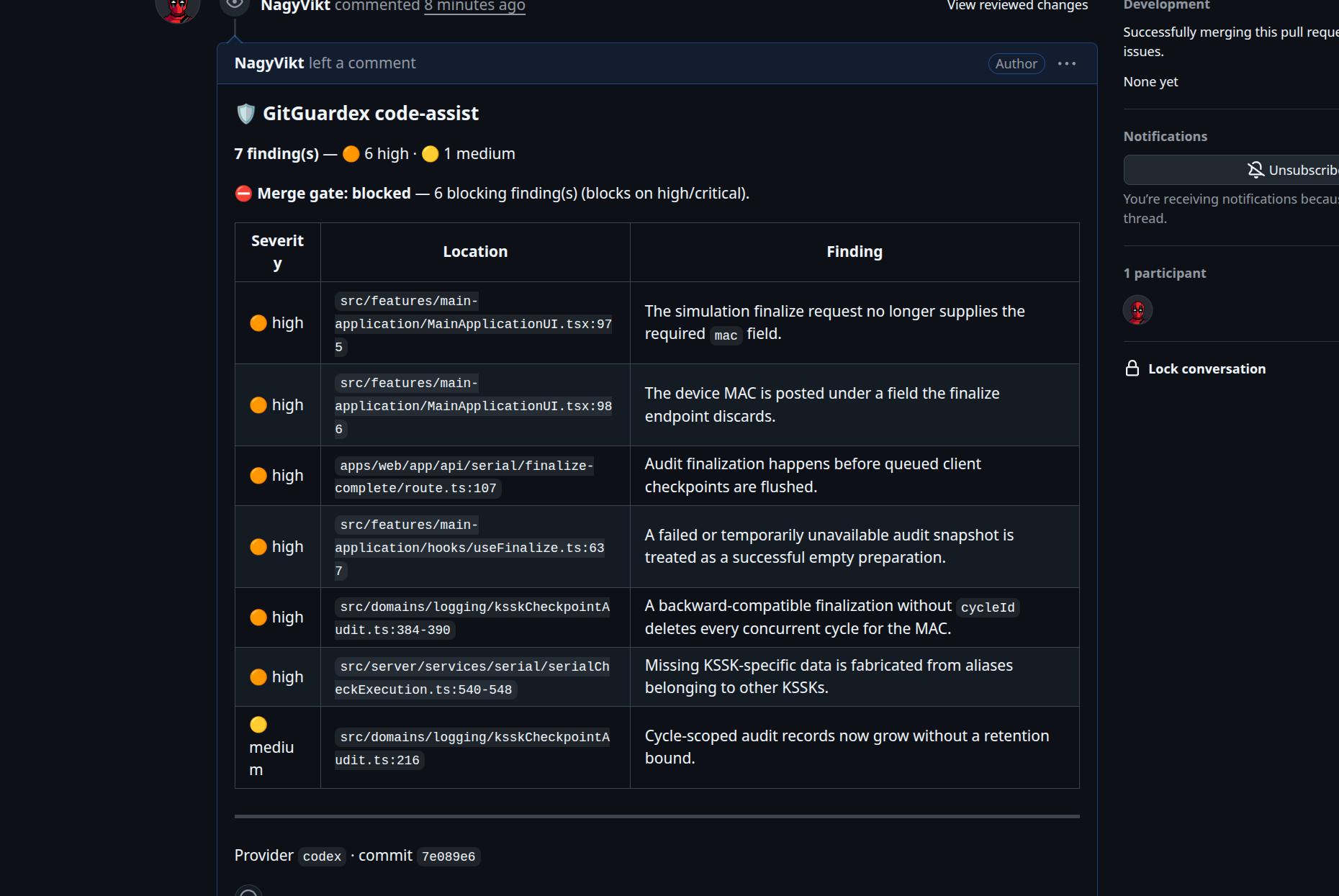 GitGuardex code-assist blocking a PR with review findings