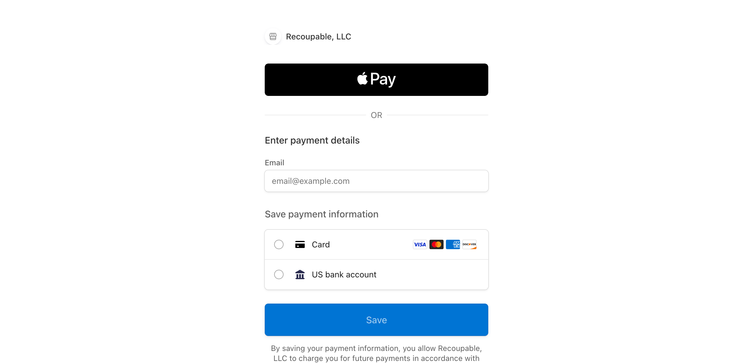 Stripe card setup screen