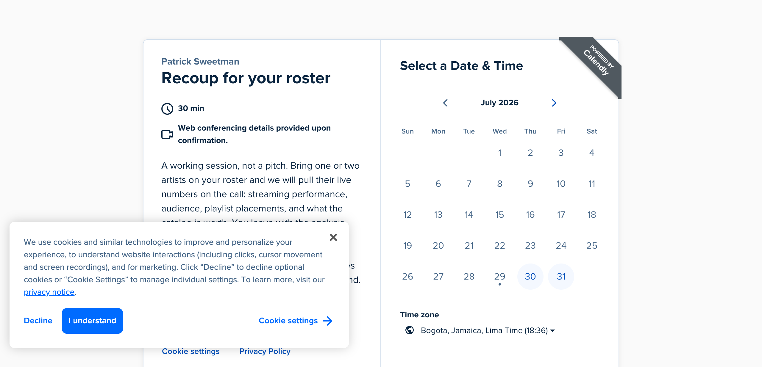 Calendly booking page reached from the CTA
