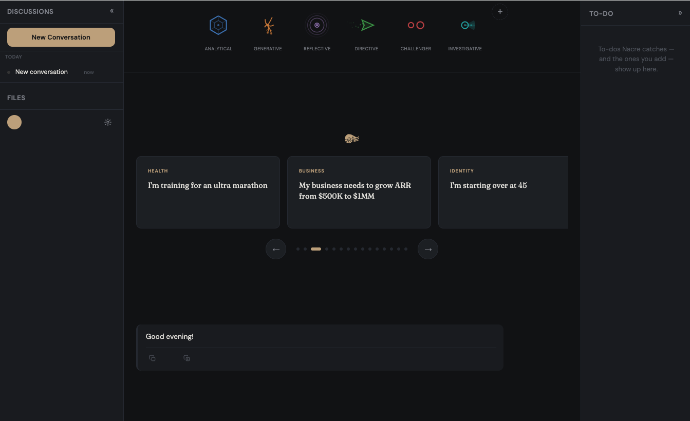 The Nacre interface. A discussions panel on the left lists prior conversations. A row of six brain icons sits at the top of the chat area: analytical, generative, reflective, directive, challenger, investigative. The chat shows a user prompt and a colored response box. A to-do panel on the right captures items the system has flagged.